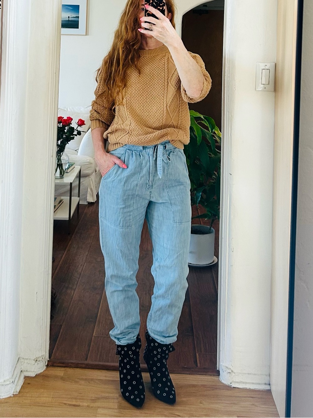 Flannel Australia 100% Cotton Cable Knit Crewneck Sweater in Camel